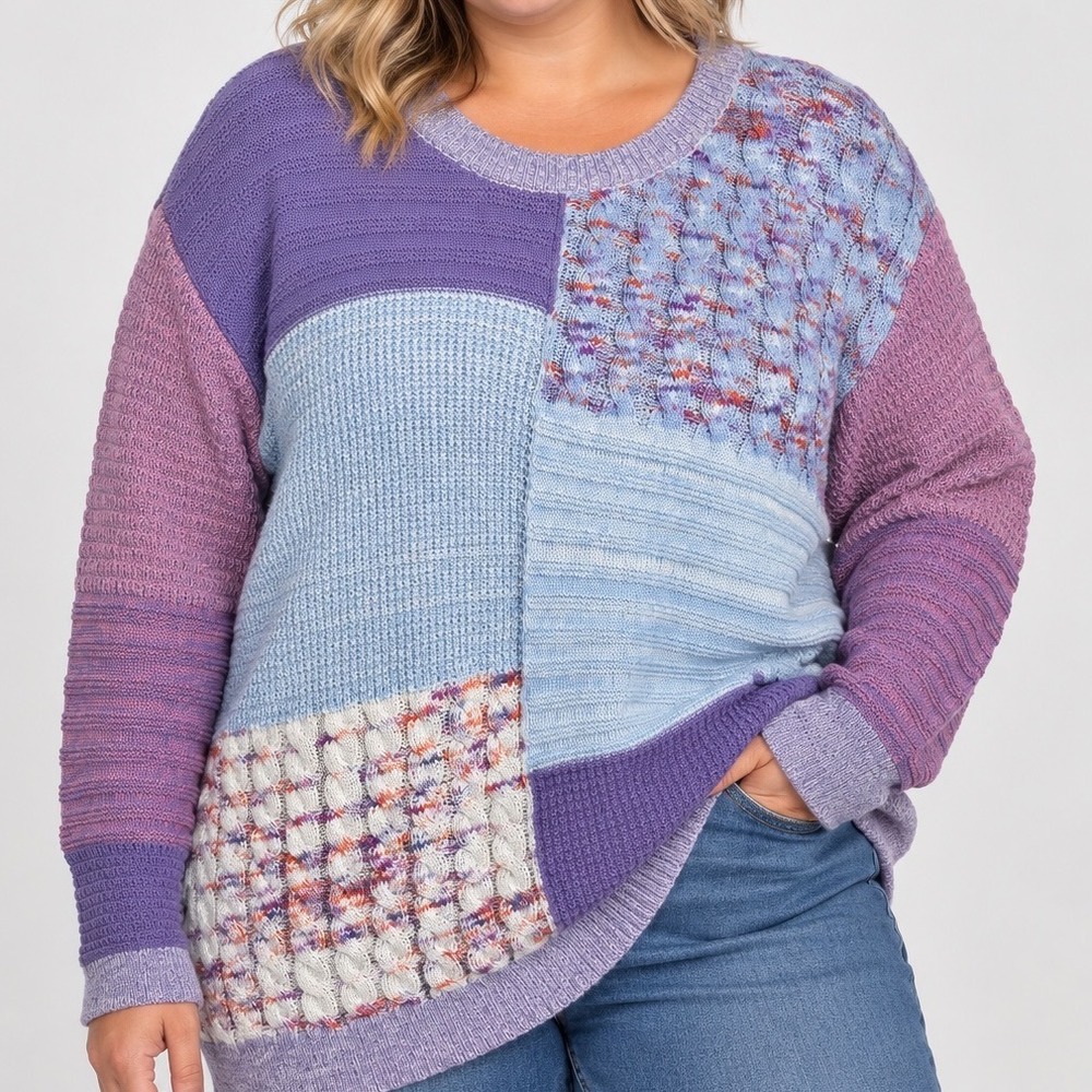 XXL Pastel Patchwork Cable Knit Sweater Purple Blue Cottagecore Oversized